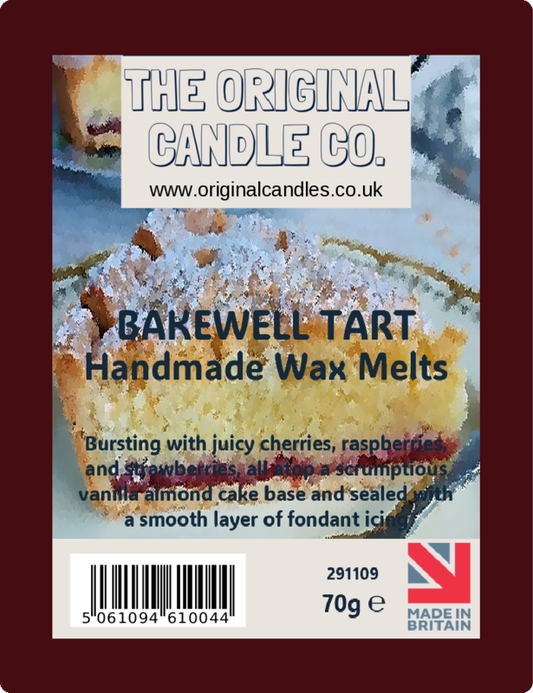 Bakewell tart wax melt packaging from The Original Candle Co. with a picture of a Bakewell tart on a blue background.