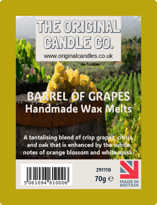 Label for Barrel of Grapes handmade wax melts from The Original Candle Co. with a scenic background.