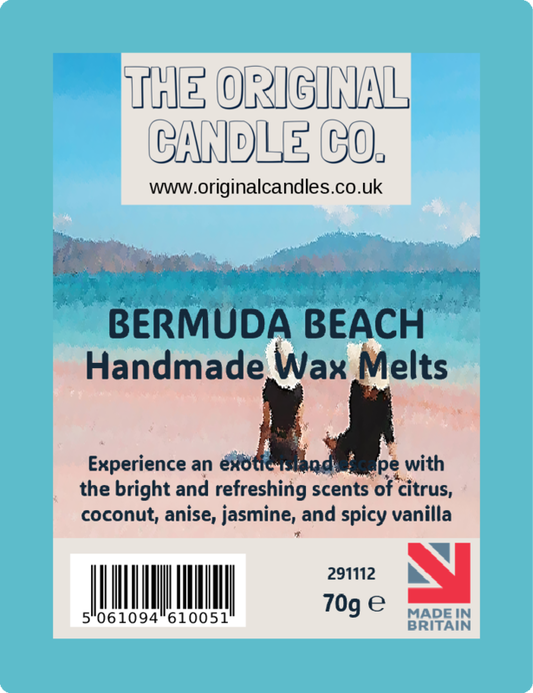 Label for Bermuda Beach handmade wax melts from The Original Candle Co. with a scenic design.