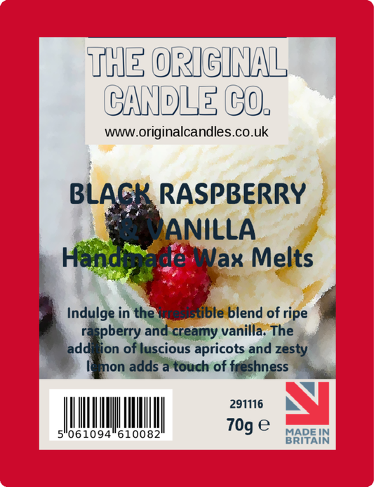 Label for Black Raspberry & Vanilla handmade wax melts from The Original Candle Co. with product details and branding.