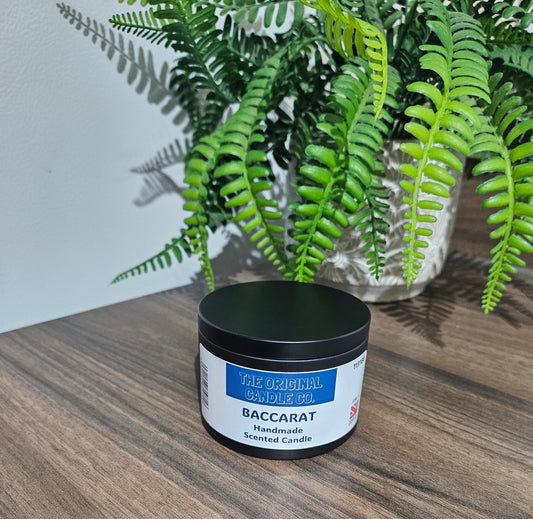 Expertly crafted by The Original Candle Company, this Baccarat hand-blended scented tin candle delivers an opulent and captivating aroma, designed to create a warm and inviting ambiance with refined and indulgent fragrance notes.