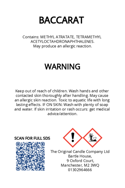 The Original Candle Company’s CLP label for Baccarat hand-blended wax melts, displaying essential safety and regulatory information in compliance with UK fragrance standards.
