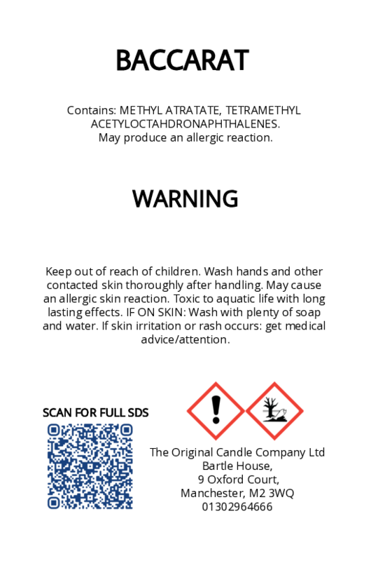 The Original Candle Company’s CLP label for Baccarat hand-blended wax melts, displaying essential safety and regulatory information in compliance with UK fragrance standards.