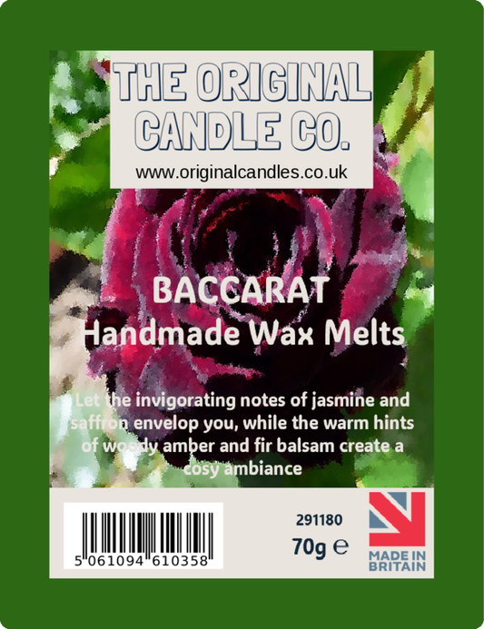 Baccarat handmade wax melts packaging with The Original Candle Co branding.