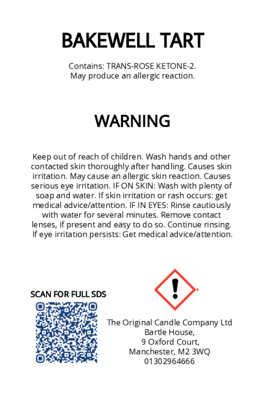 The Original Candle Company’s CLP label for Bakewell Tart hand-blended wax melts, displaying essential safety and regulatory information in compliance with UK fragrance standards.