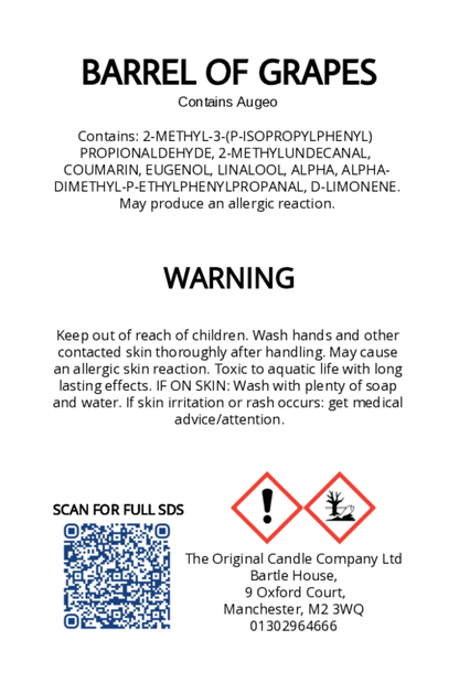 The Original Candle Company’s CLP label for Barrel of Grapes hand-blended room mist spray, displaying essential safety and regulatory information in compliance with UK fragrance standards.