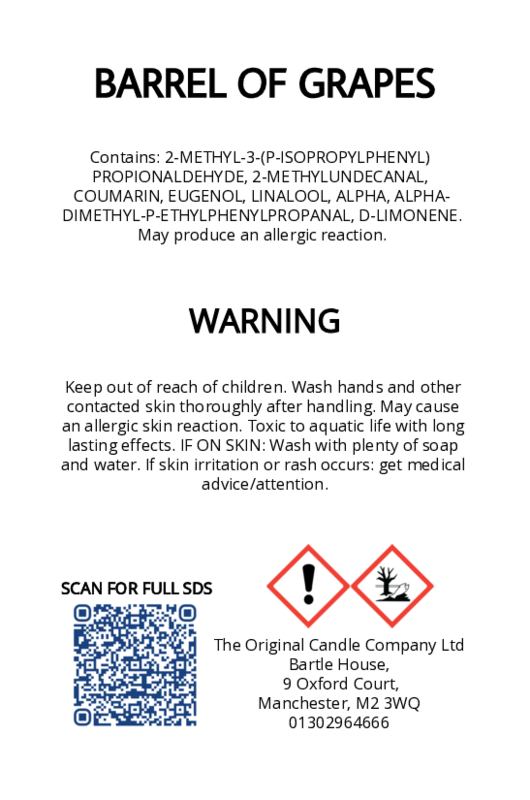 The Original Candle Company’s CLP label for Barrel of Grapes hand-blended wax melts and candle, displaying essential safety and regulatory information in compliance with UK fragrance standards.