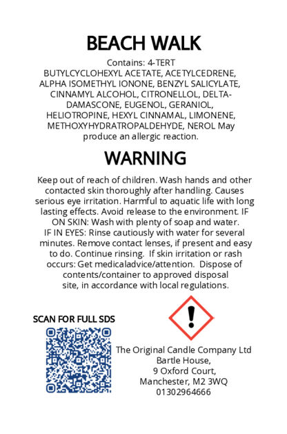 Product label with text, warning, and QR code on a white background for Beach Walk wax melts from The Original Candle Company