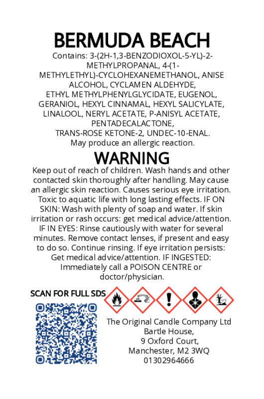 The Original Candle Company’s CLP label for Bermuda Beach hand-blended wax melts and candle, displaying essential safety and regulatory information in compliance with UK fragrance standards.