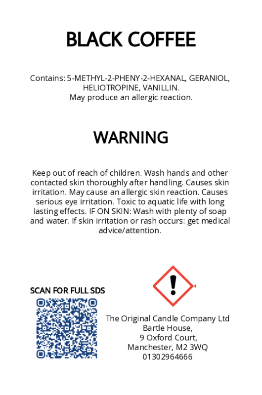 The Original Candle Company’s CLP label for Black Coffee hand-blended wax melts and candle, displaying essential safety and regulatory information in compliance with UK fragrance standards.