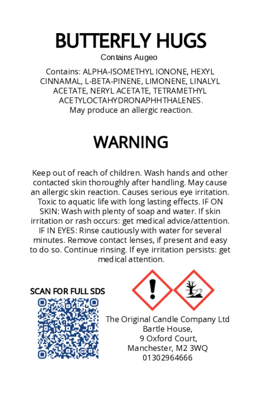 The Original Candle Company’s CLP label for Butterfly Hugs hand-blended mist and car fragrance diffuser, formulated with Augeo, displaying essential safety and regulatory information in compliance with UK fragrance standards.