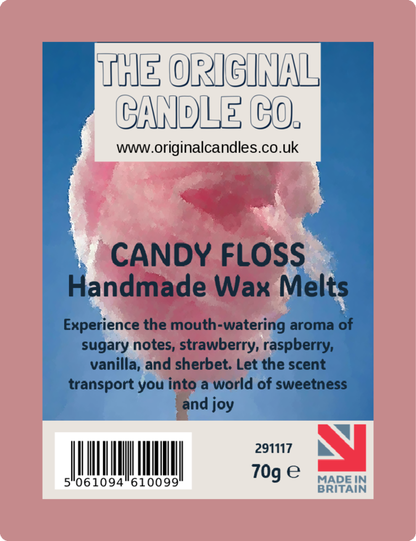 Label for Candy Floss Handmade Wax Melts by The Original Candle Co. with pink candy floss image.