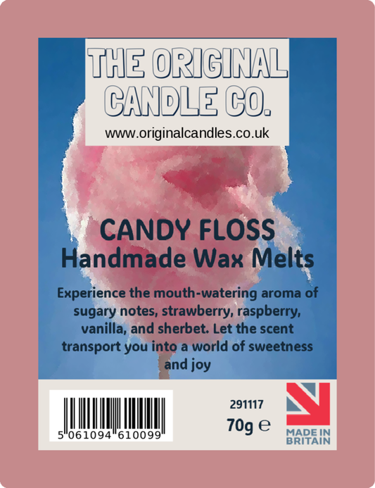 Label for Candy Floss Handmade Wax Melts by The Original Candle Co. with pink candy floss image.