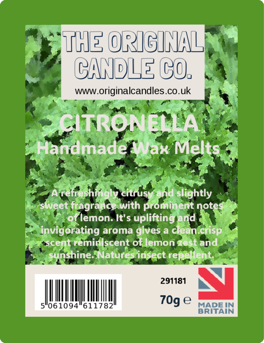 Citronella handmade wax melts packaging with green leaf design and branding details.