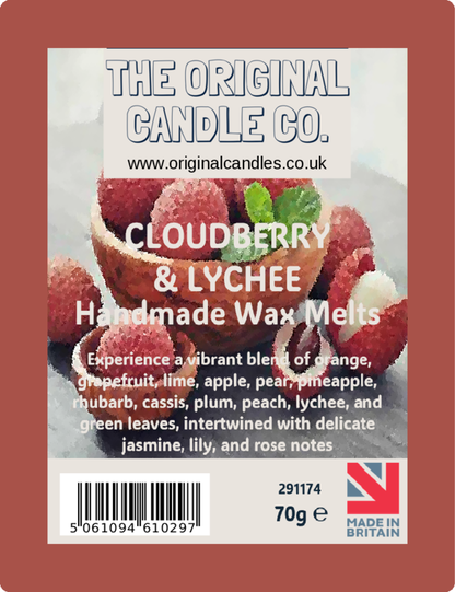 Label for Cloudberry & Lychee handmade wax melts from The Original Candle Co.