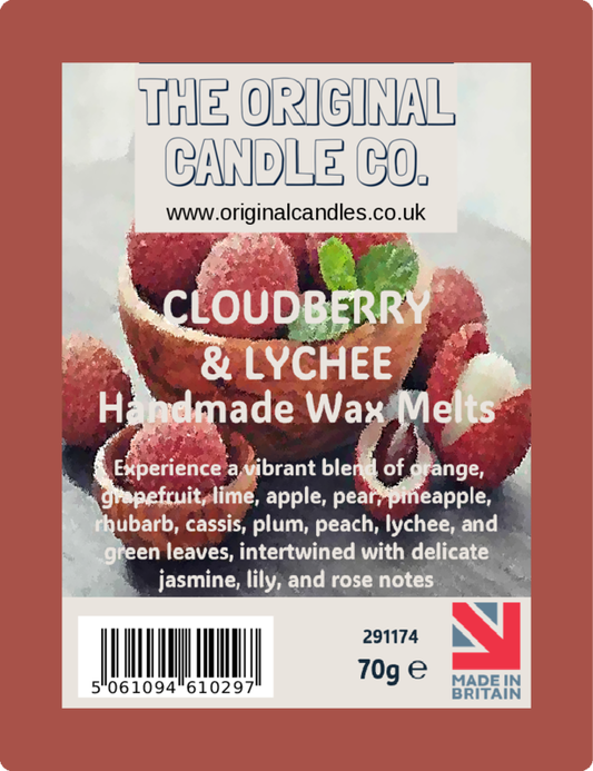 Label for Cloudberry & Lychee handmade wax melts from The Original Candle Co.