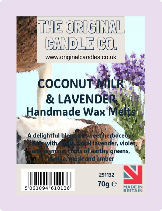 Coconut Milk & Lavender handmade wax melts packaging with lavender flowers and branding details.