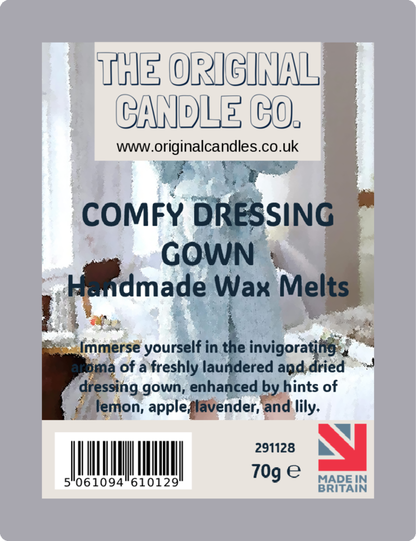 Label for 'Comfy Dressing Gown' handmade wax melts from The Original Candle Co.