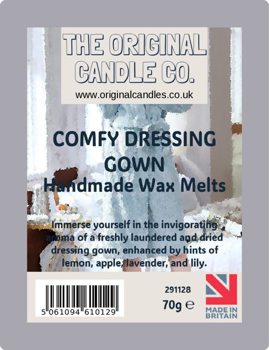 Label for 'Comfy Dressing Gown' handmade wax melts from The Original Candle Co.