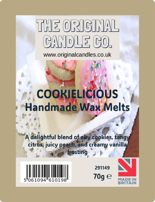 Label for 'Cookielicious' handmade wax melts from The Original Candle Co. with a picture of cookies and frosting.