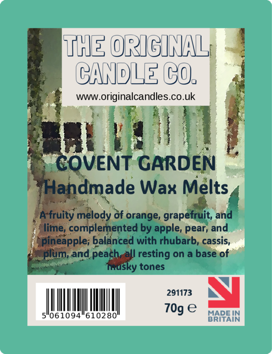 Label for 'Covent Garden' handmade wax melts from The Original Candle Co. on a green background.