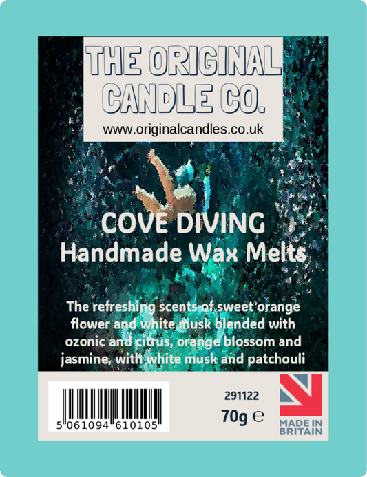 Handmade wax melts packaging with 'The Original Candle Co.' branding and product description.