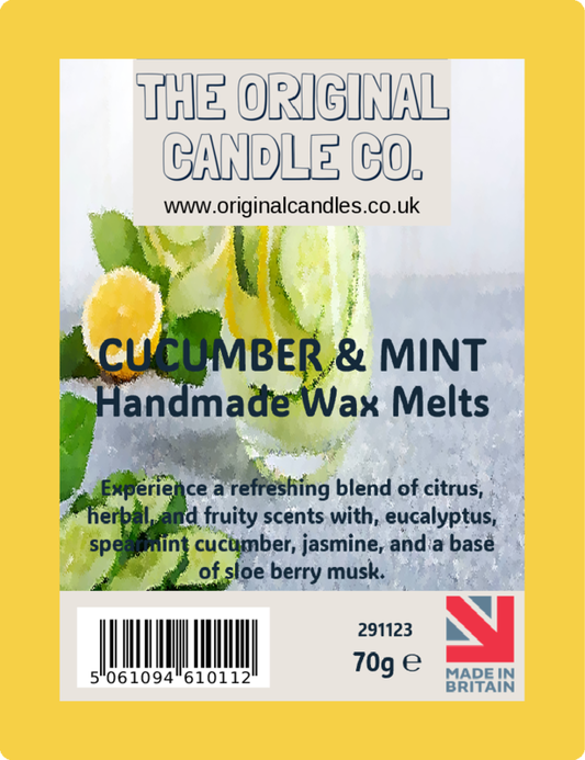 Label for Cucumber & Mint handmade wax melts from The Original Candle Co. with product details and branding.