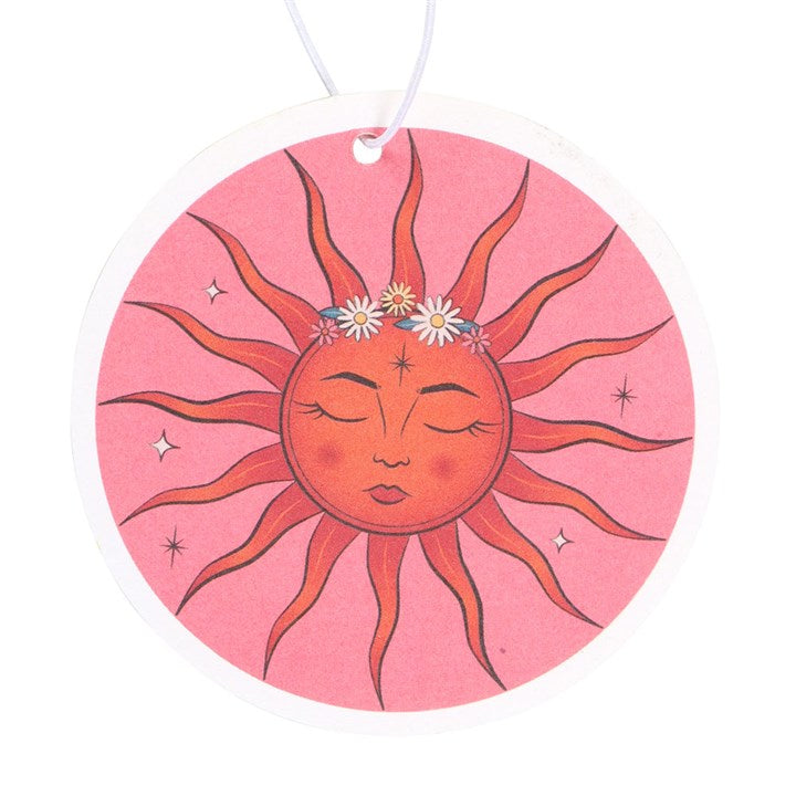Floral fragranced celestial sun car air freshener in a circular design depicting the sun with daisy's on it's head.