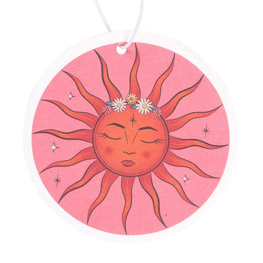 Floral fragranced celestial sun car air freshener in a circular design depicting the sun with daisy's on it's head.