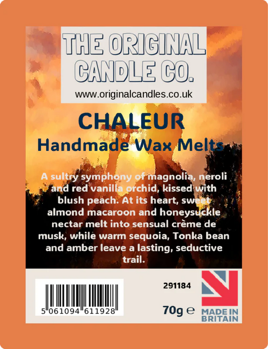 Label for Chaleur handmade wax melts from The Original Candle Co. with product description and branding details.