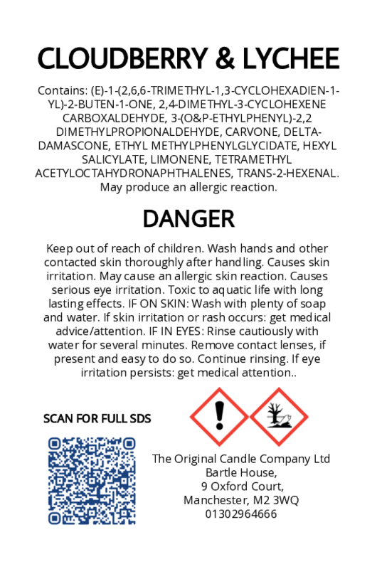 The Original Candle Company’s CLP label for Cloudberry & Lychee hand-blended wax melts and candle, displaying essential safety and regulatory information in compliance with UK fragrance standards.