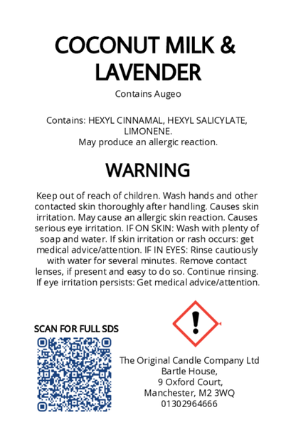 The Original Candle Company’s CLP label for Coconut & Lavender hand-blended mist and car fragrance diffuser, formulated with Augeo, displaying essential safety and regulatory information in compliance with UK fragrance standards.
