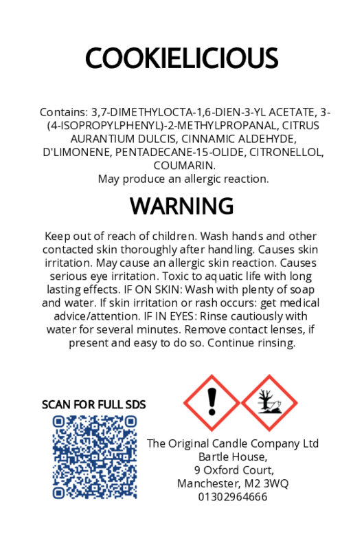 The Original Candle Company’s CLP label for Cookielicious hand-blended wax melts and candle, displaying essential safety and regulatory information in compliance with UK fragrance standards.