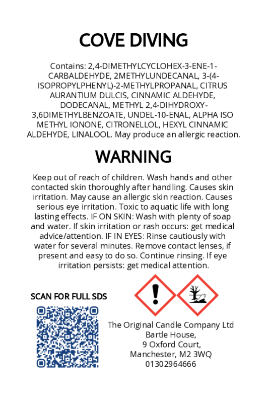 The Original Candle Company’s CLP label for Cove Diving hand-blended wax melts and candle, displaying essential safety and regulatory information in compliance with UK fragrance standards.