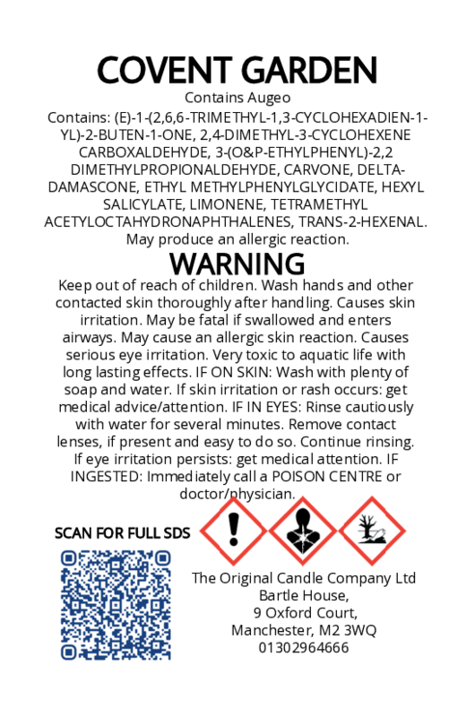 The Original Candle Company’s CLP label for Covent Garden hand-blended mist and car fragrance diffuser, formulated with Augeo, displaying essential safety and regulatory information in compliance with UK fragrance standards.