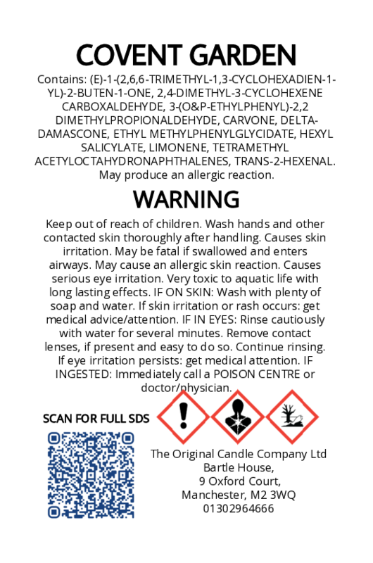 The Original Candle Company’s CLP label for Covent Garden hand-blended wax melts and candle, displaying essential safety and regulatory information in compliance with UK fragrance standards.