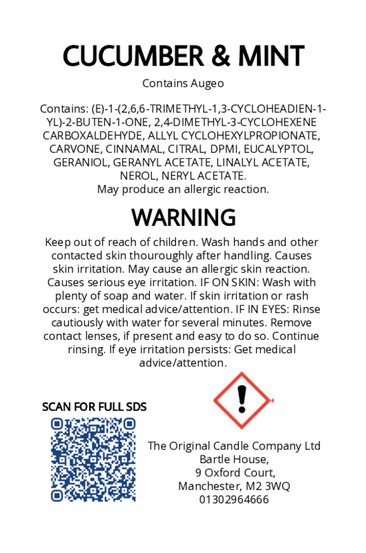 The Original Candle Company’s CLP label for Cucumber & Mint hand-blended mist and car fragrance diffuser, formulated with Augeo, displaying essential safety and regulatory information in compliance with UK fragrance standards.