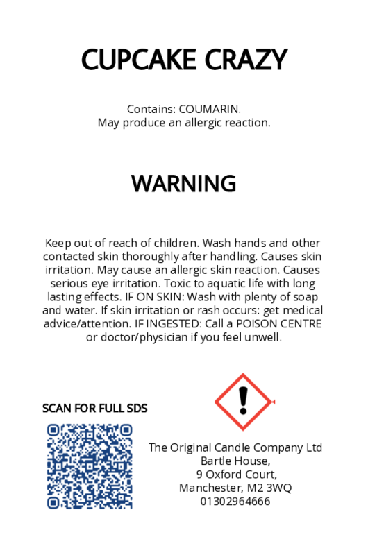 The Original Candle Company’s CLP label for Cupcake Crazy hand-blended wax melts and candle, displaying essential safety and regulatory information in compliance with UK fragrance standards.