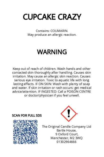 The Original Candle Company’s CLP label for Cupcake Crazy hand-blended wax melts and candle, displaying essential safety and regulatory information in compliance with UK fragrance standards.