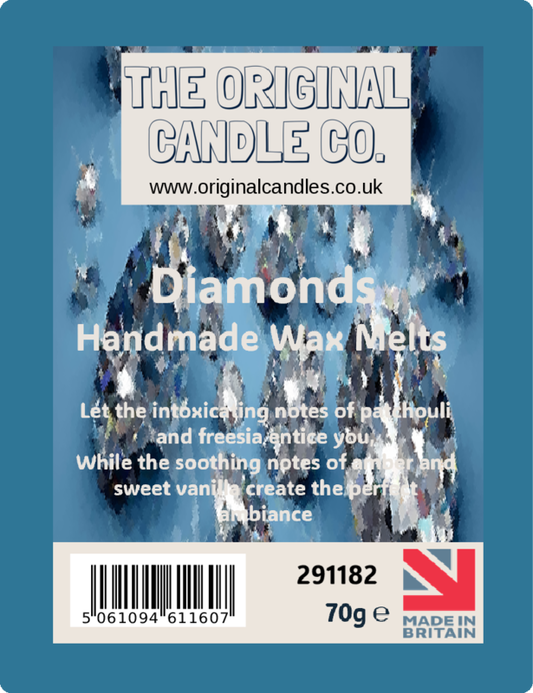 Label for 'Diamonds' handmade wax melts from The Original Candle Co. with product details and branding.