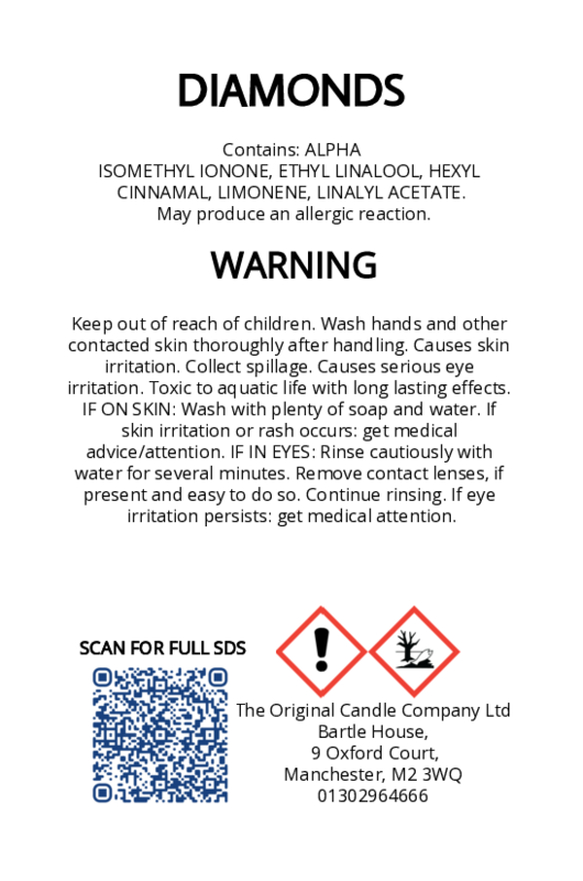 The Original Candle Company’s CLP label for Diamonds hand-blended wax melts and candles, displaying essential safety and regulatory information in compliance with UK fragrance standards.