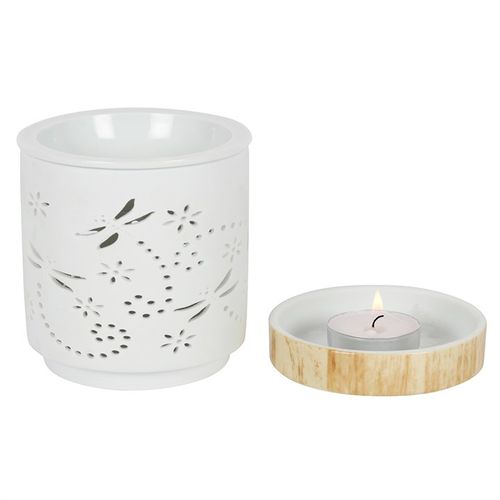 This dragonfly cut-out oil burner and wax warmer, in a distinct matte finish will add a touch of style to any home.