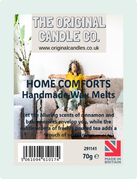 Advertisement for The Original Candle Co. home comforts wax melts with a woman sitting on a couch.
