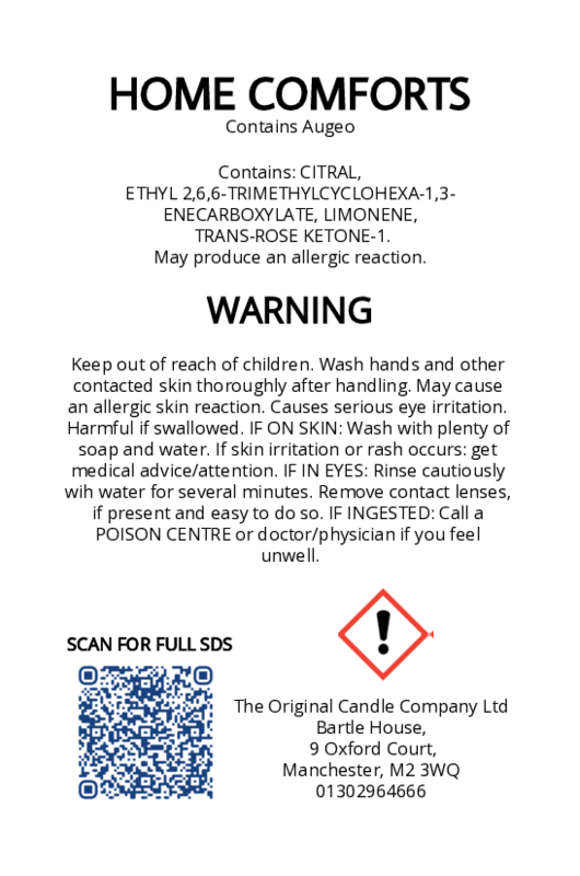 The Original Candle Company’s CLP label for Home Comforts hand-blended mist and car fragrance diffuser, formulated with Augeo, displaying essential safety and regulatory information in compliance with UK fragrance standards.