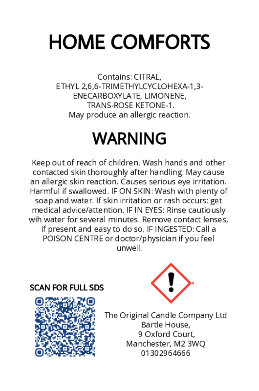 The Original Candle Company’s CLP label for Home Comforts hand-blended wax melts and candle, displaying essential safety and regulatory information in compliance with UK fragrance standards.