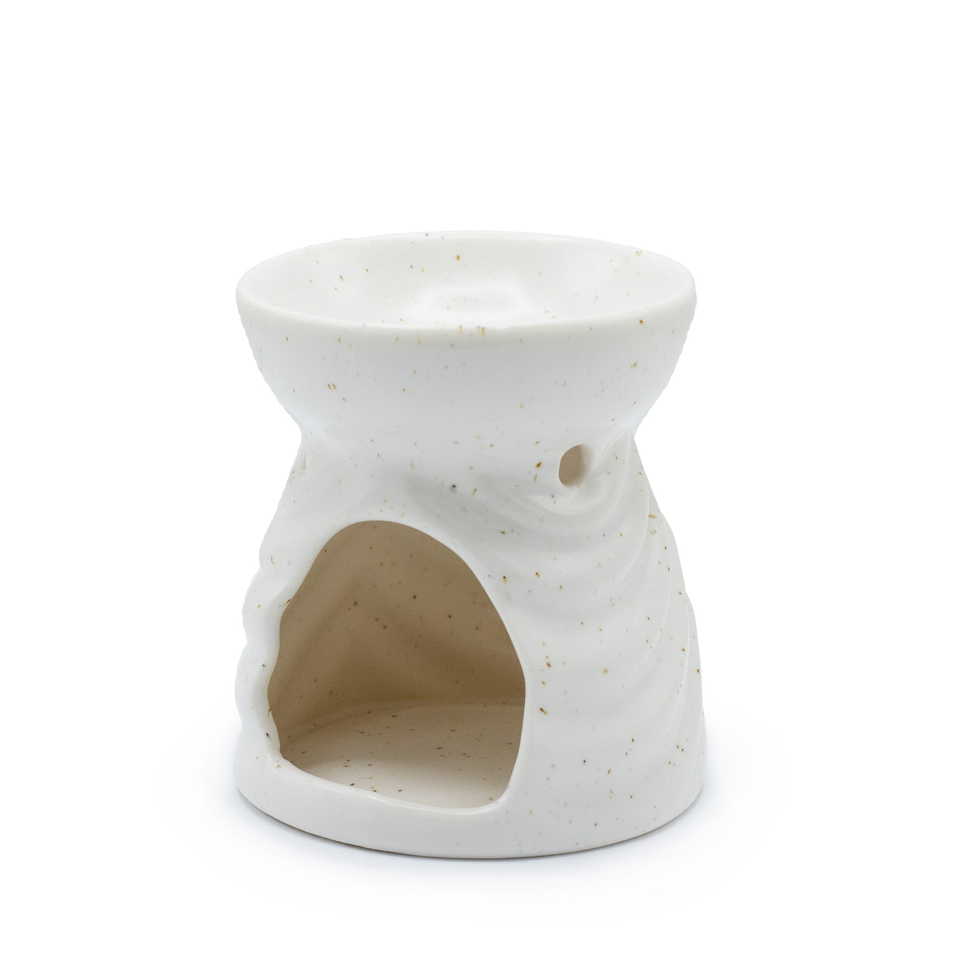 Carefully sourced by The Original Candle Company and featuring a geometric design with a highly decorative glaze in speckled ivory, this oil burner and wax warmer will make an attractive decoration in any room. Image shows the back of the product where the tealight goes.