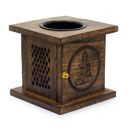 Carefully sourced by The Original Candle Company, this stunning large mango wood oil burner features a beautifully carved Buddha. Perfect for diffusing essential oils or melting wax, it brings warmth, natural elegance, and spiritual symbolism to any cosy home ambience.