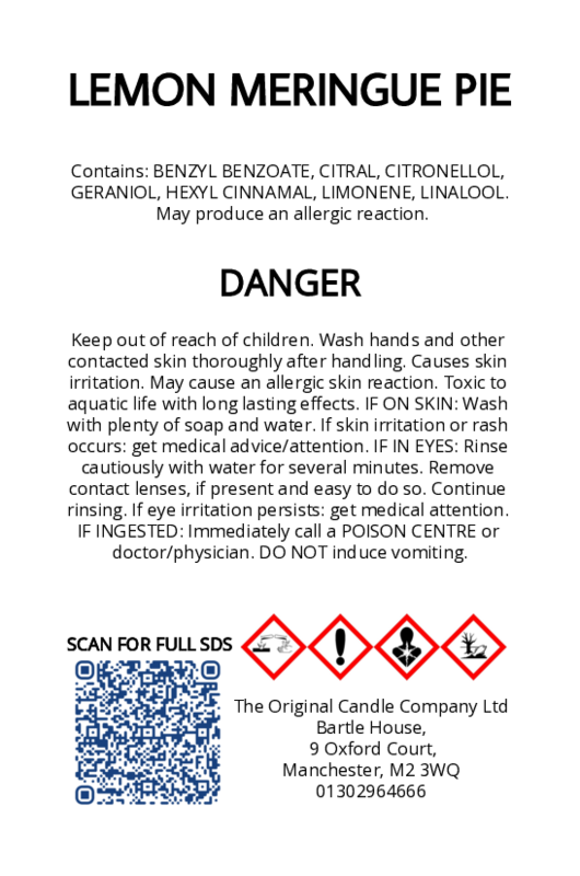 The Original Candle Company’s CLP label for Lemon Meringue Pie hand-blended wax melts and candle, displaying essential safety and regulatory information in compliance with UK fragrance standards.