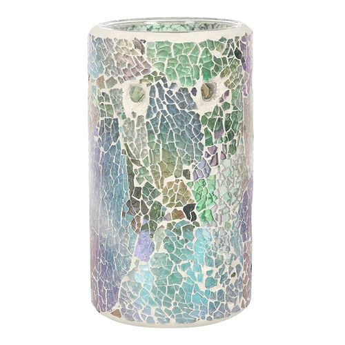 Designed to give a statement, this pillar style oil burner and wax warmer in a light blue irridescent colour is sure to be a talking point.