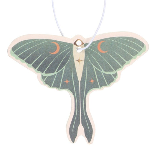 Luna moth design car air freshener in a green hue with a refreshing apple fragrance.